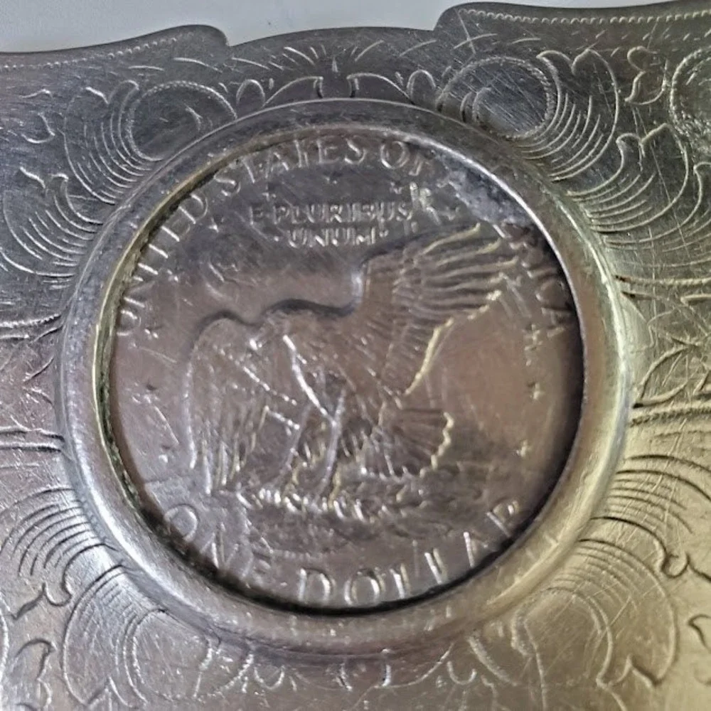 Vintage 1972 Eisenhower Dollar Coin Belt Buckle Nickel Silver Western Engraved